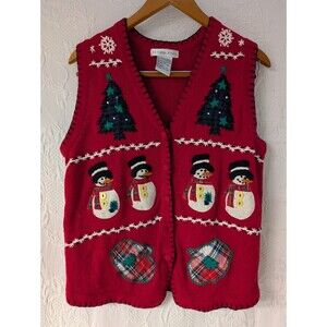 Victoria Jones Holiday Red Vest Size M Snowmen Trees Felted Beaded Ugly Sweater